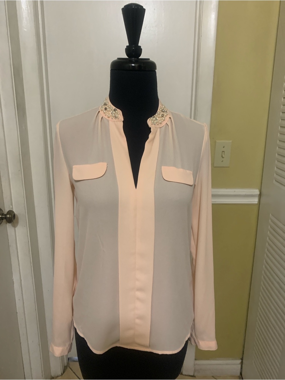 Candies Embellished Collar Long-Sleeve Blouse - Blush Pink